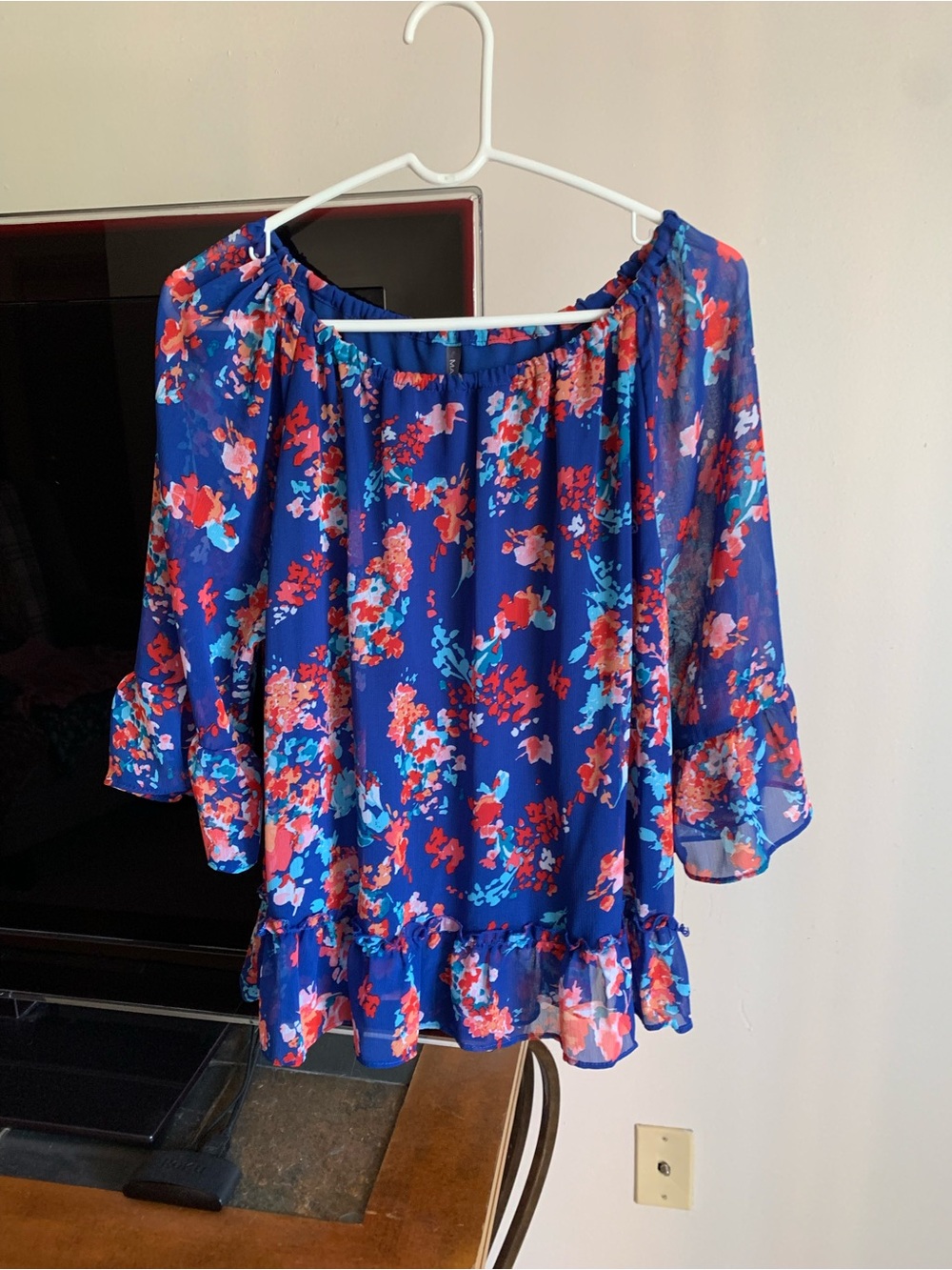Massini Royal Blue Floral Off-Shoulder Ruffle Blouse